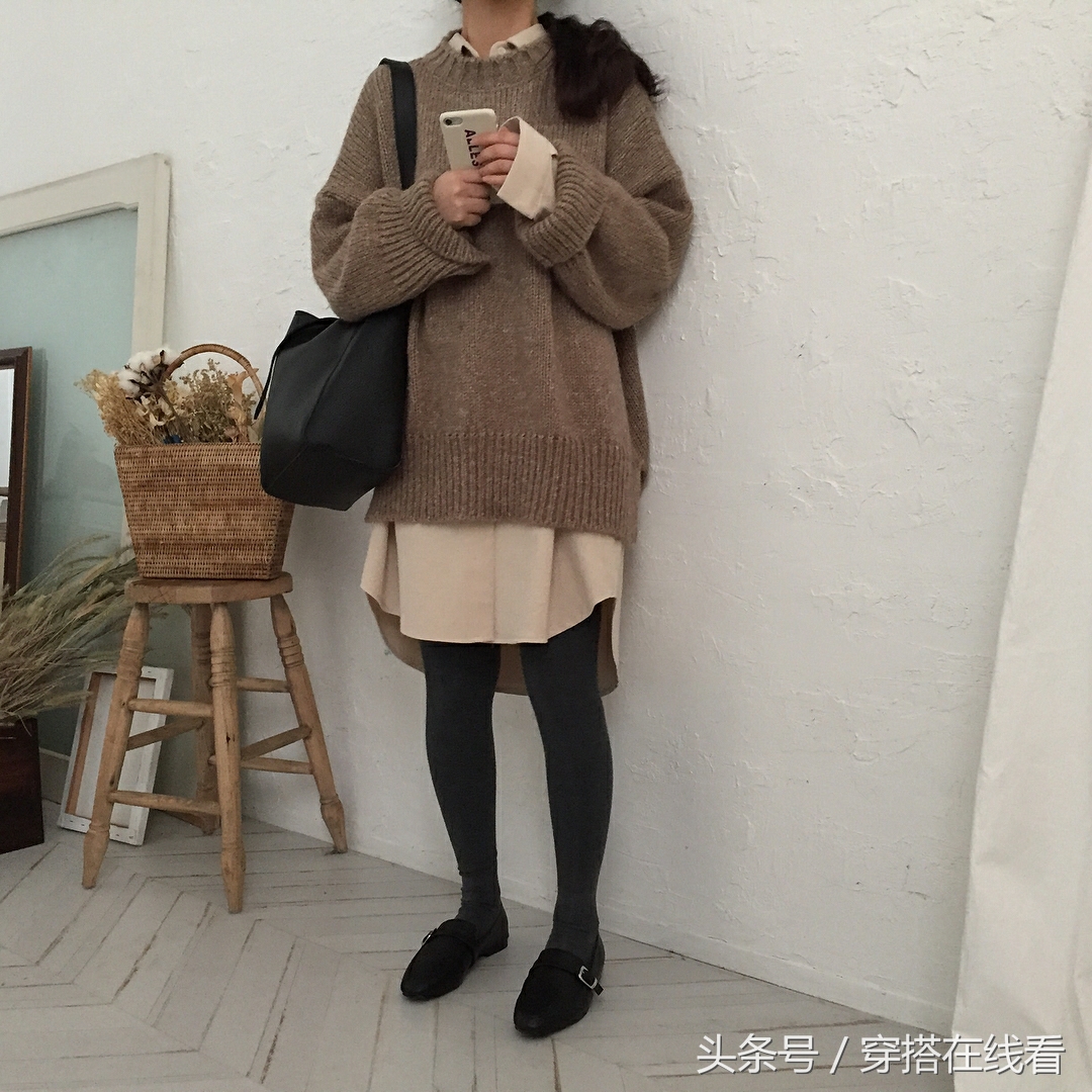 18秋冬新款针织打底套裙中长款,宽松毛衣裙韩版慵懒风搭配