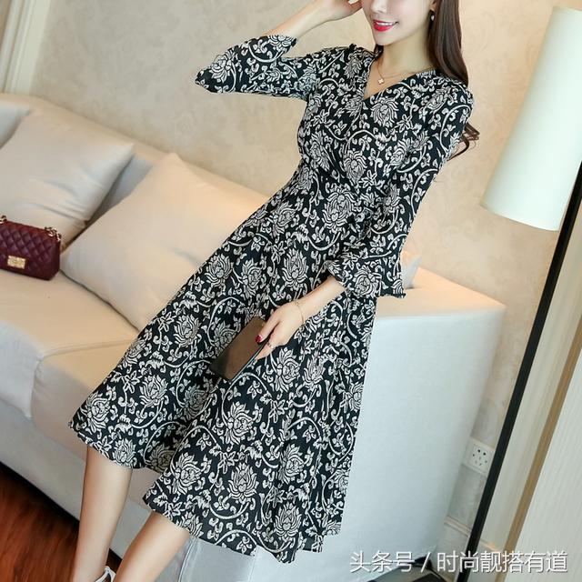 法式夏季连衣裙女雪纺印花裙子,民族风印花中袖真丝雪纺连衣裙