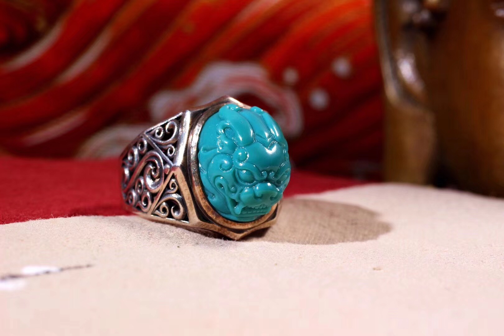 北工牙雕大师作品,喀什纯黄铜手工制作戒指