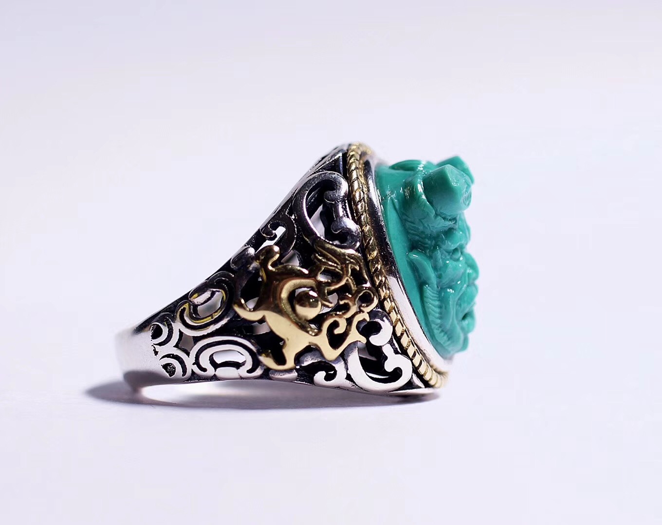 北工牙雕大师作品,喀什纯黄铜手工制作戒指