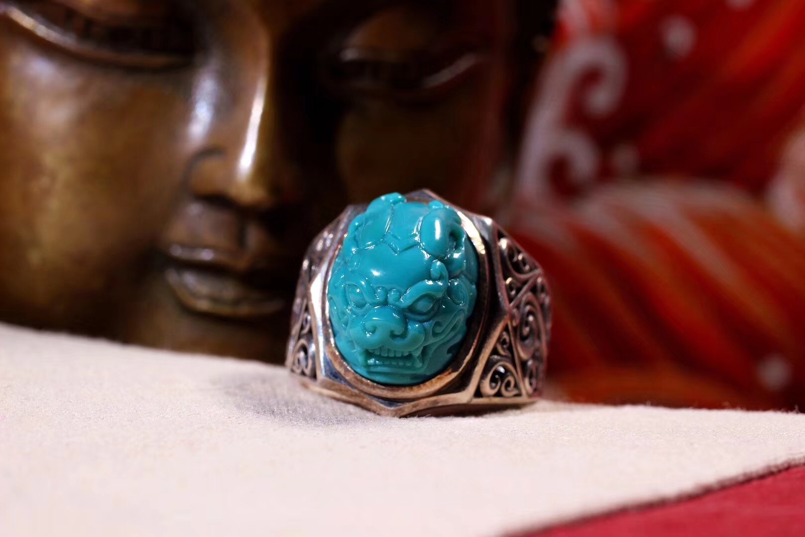 北工牙雕大师作品,喀什纯黄铜手工制作戒指