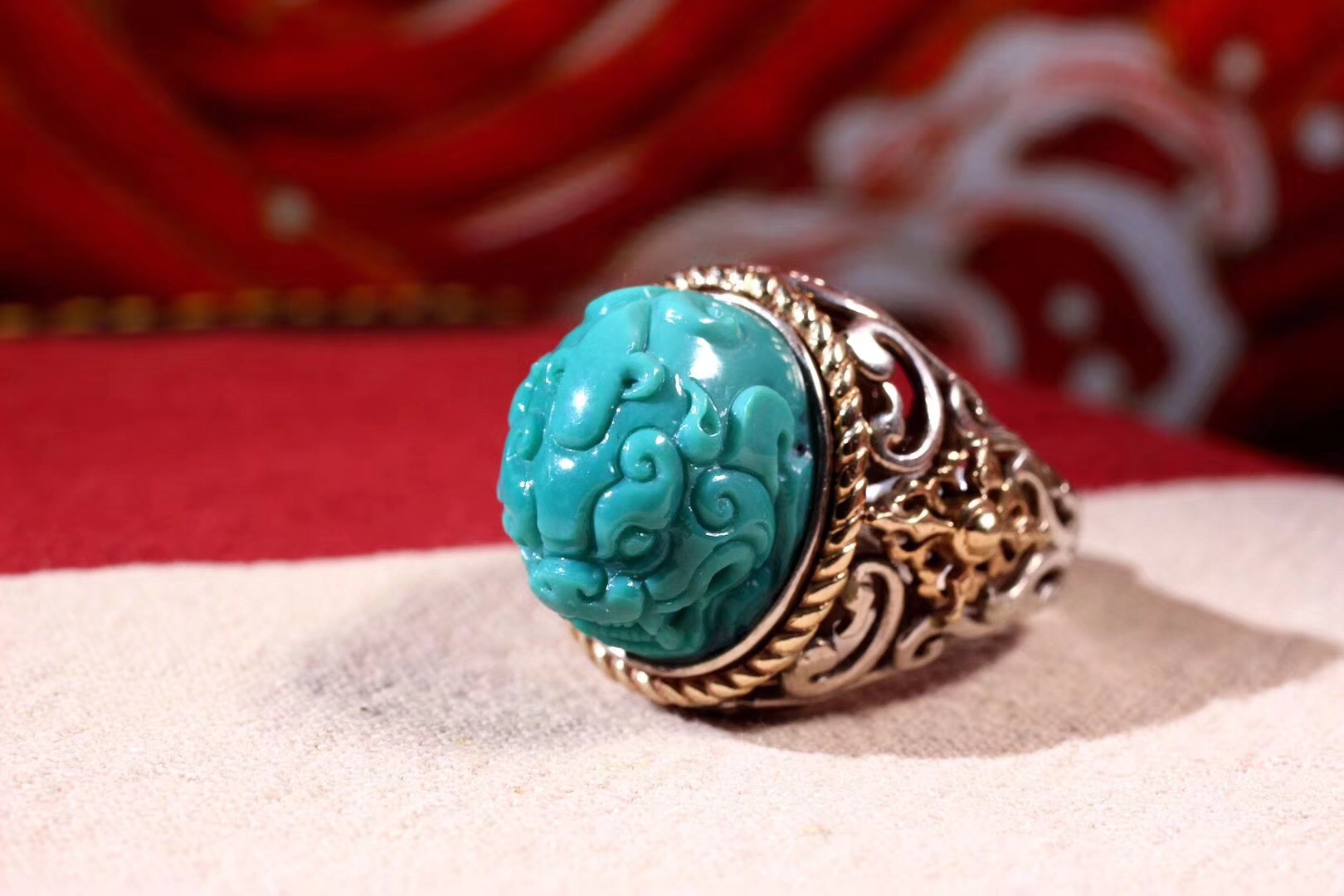 北工牙雕大师作品,喀什纯黄铜手工制作戒指