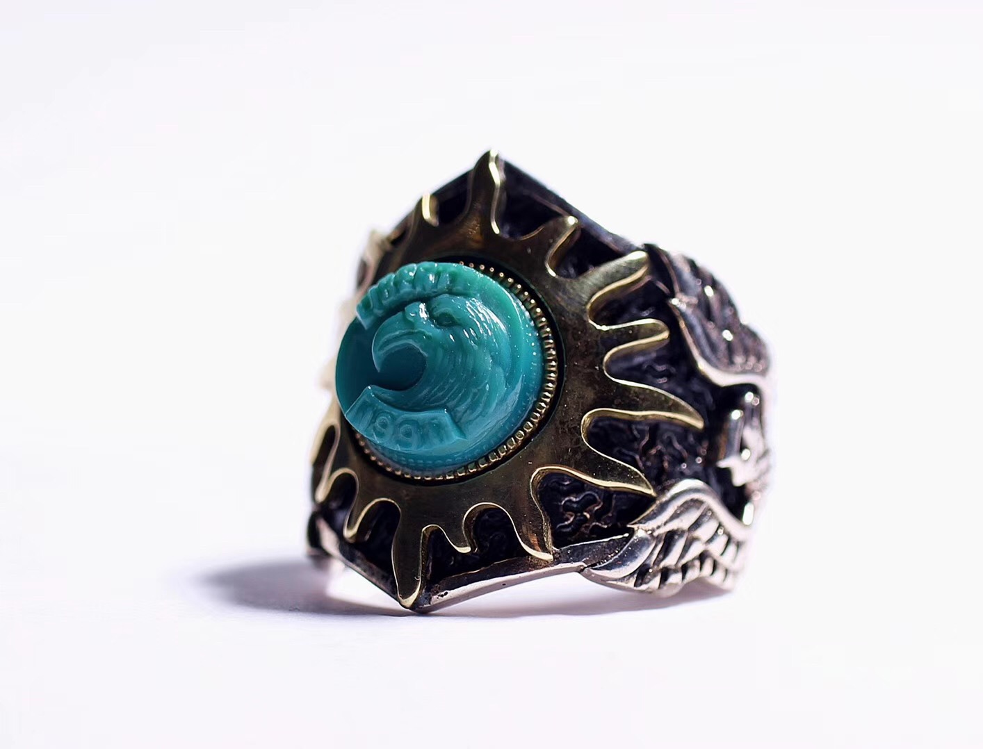 北工牙雕大师作品,喀什纯黄铜手工制作戒指