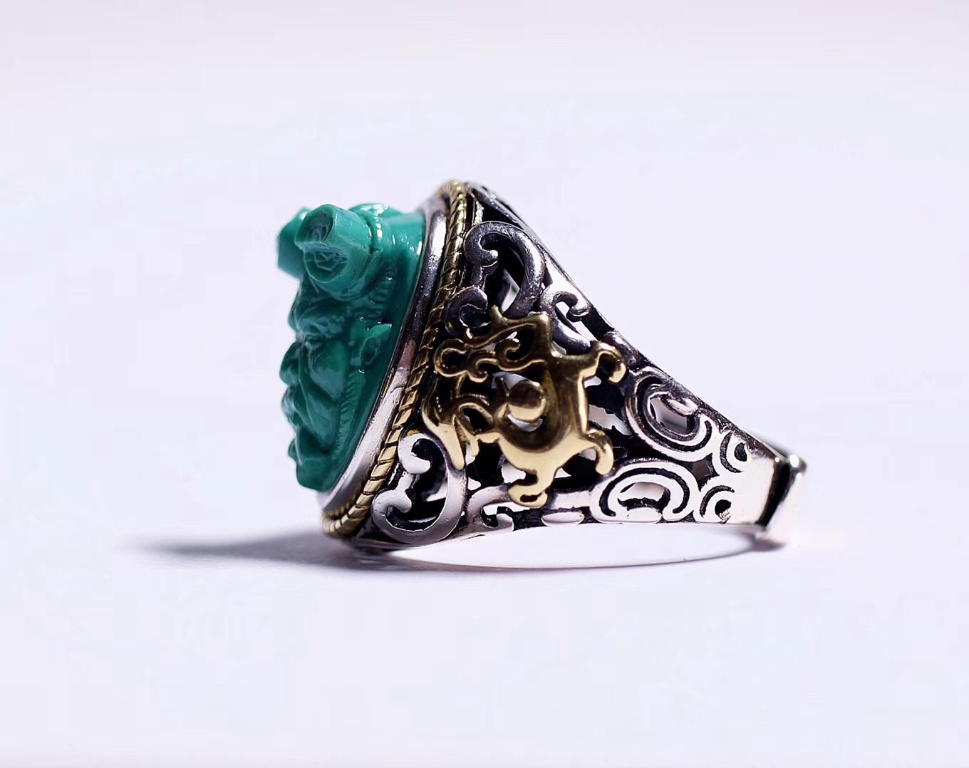 北工牙雕大师作品,喀什纯黄铜手工制作戒指