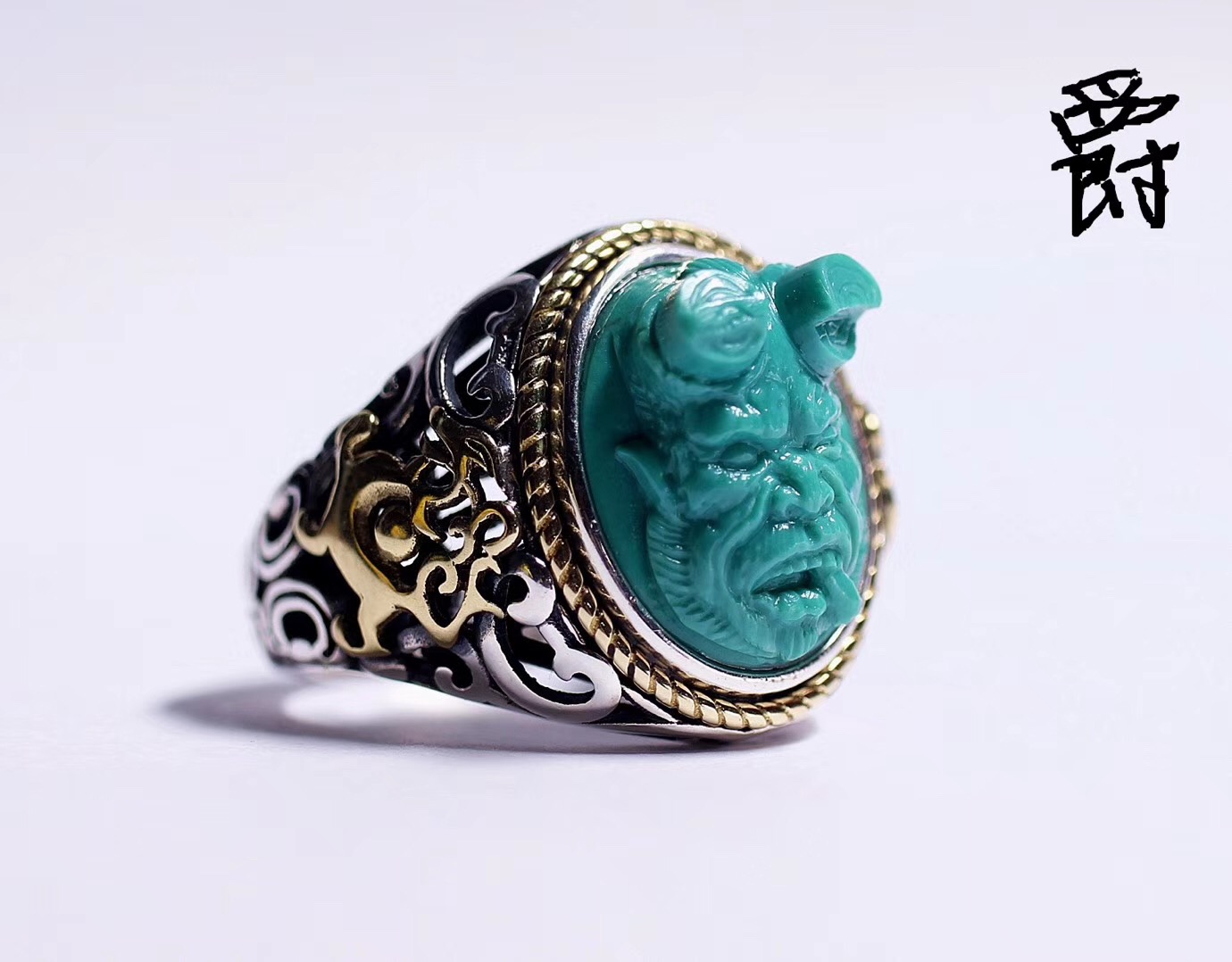 北工牙雕大师作品,喀什纯黄铜手工制作戒指