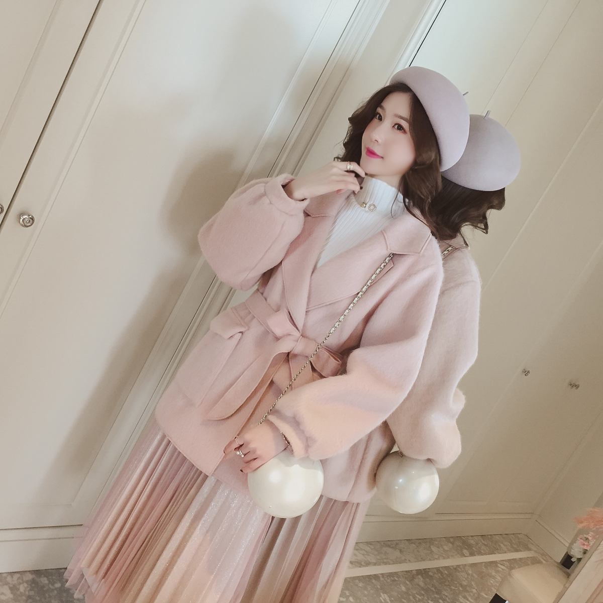 貂毛小翻领拼接外套女款时尚大气,水貂绒毛开衫外套中长款女有垂感