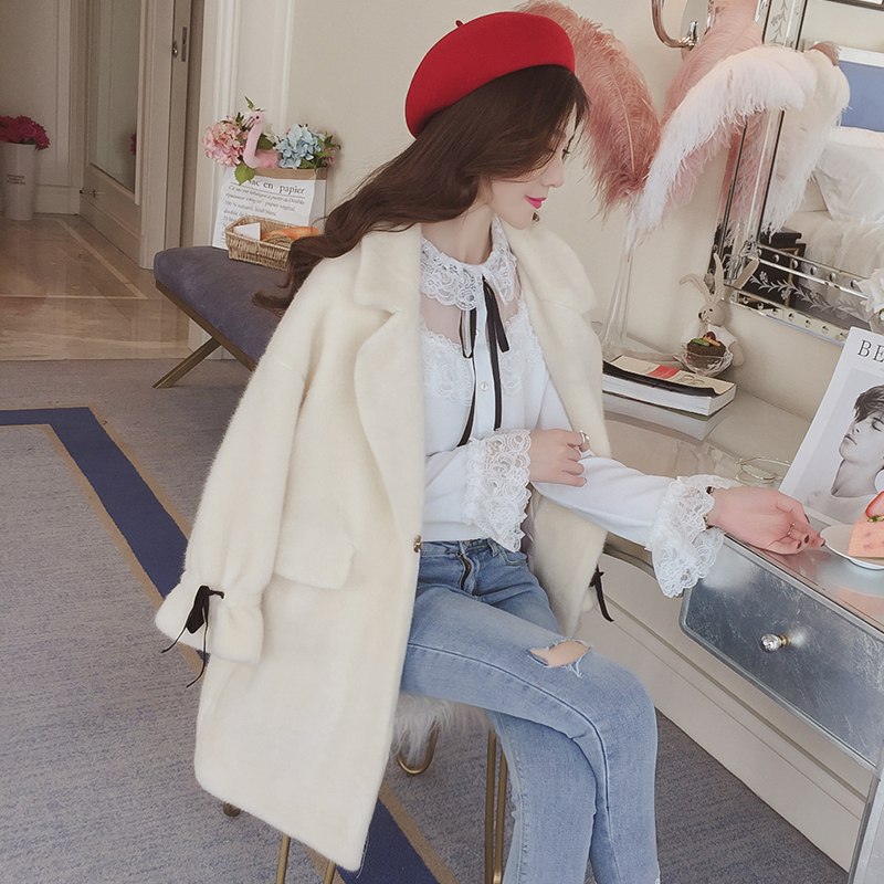貂毛小翻领拼接外套女款时尚大气,水貂绒毛开衫外套中长款女有垂感
