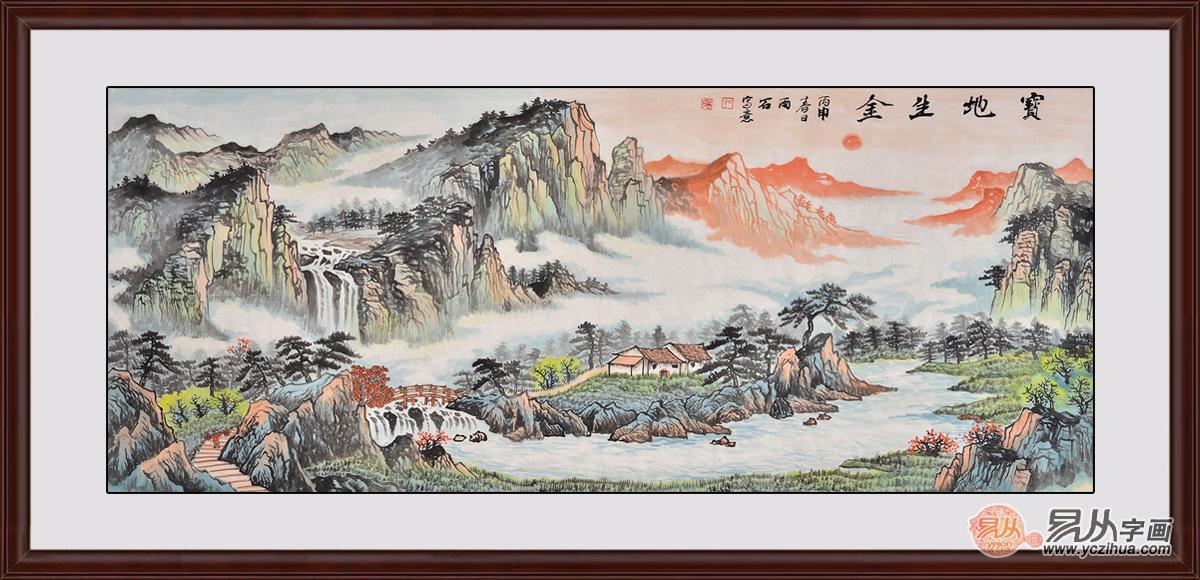 客厅山水画聚宝盆油画,客厅招财风水装饰画