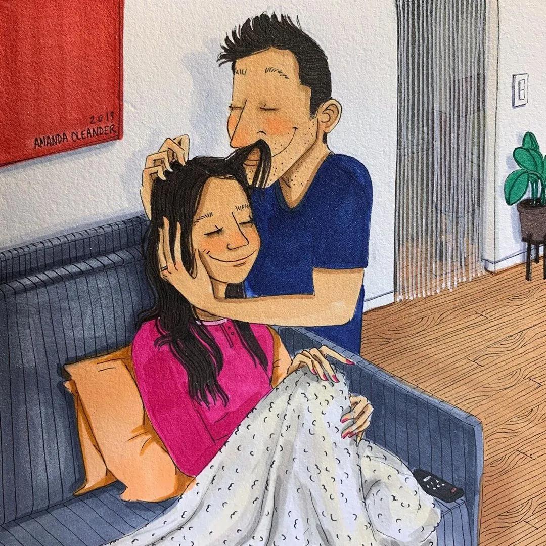 情侣两个人日常生活照片,情侣间的生活插画图片