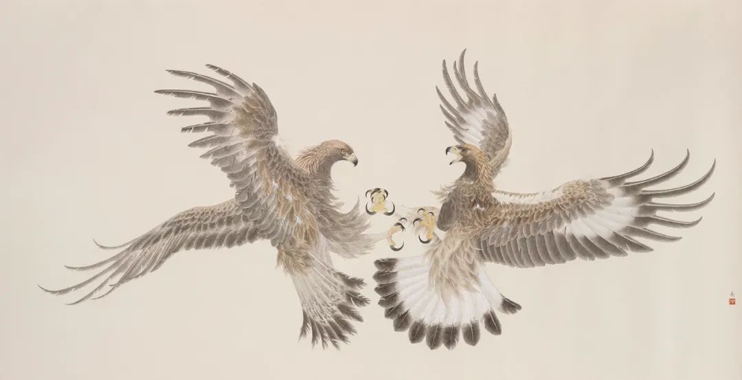 他画的鹰，严谨工致，萧疏威严