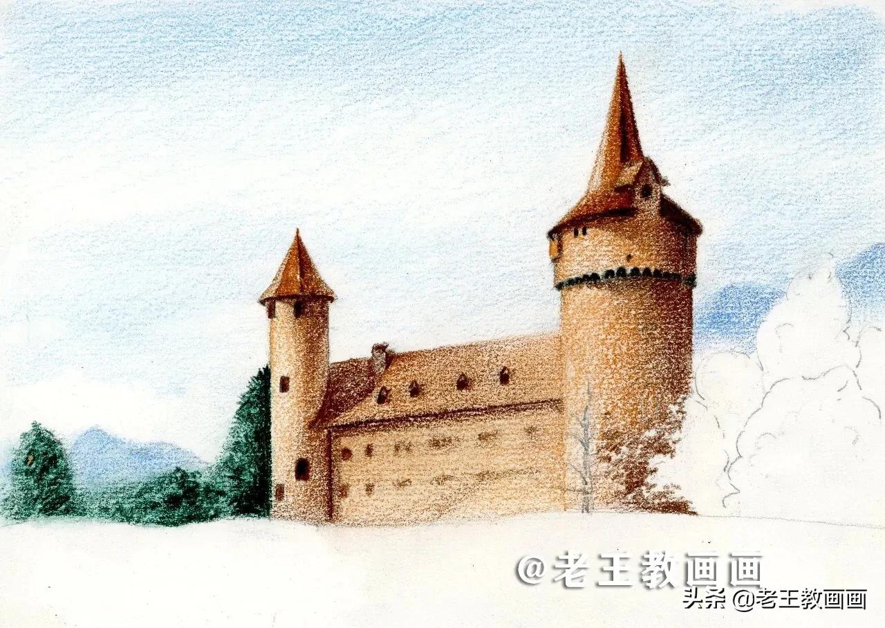 用彩铅画个梦幻城堡,用彩铅涂色城堡