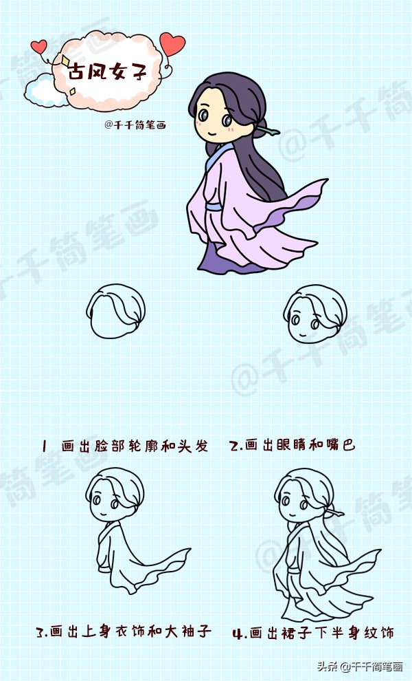 仙气古风汉服素材手抄报,q版汉服小姑娘手绘