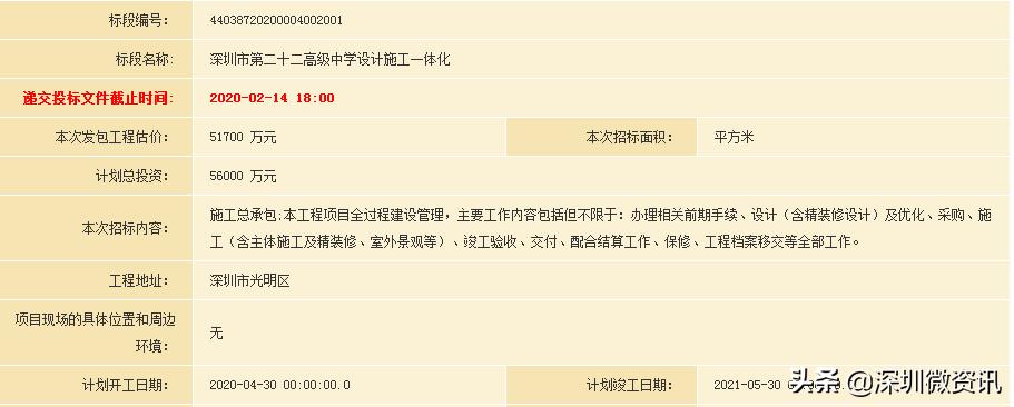 深圳近期招标项目,深圳即将动工的中学