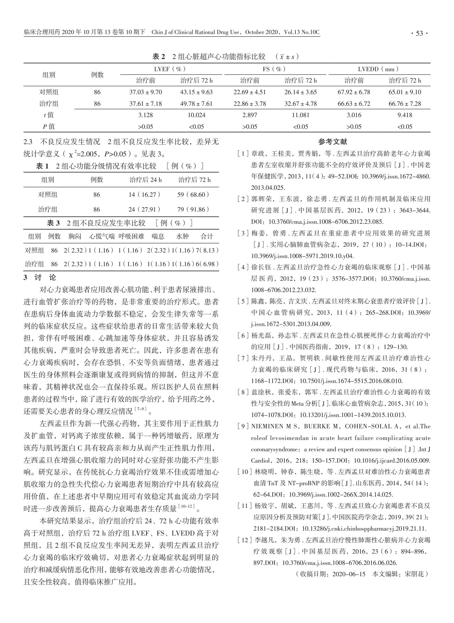 左西孟旦治疗心力衰竭的临床疗效及其安全性