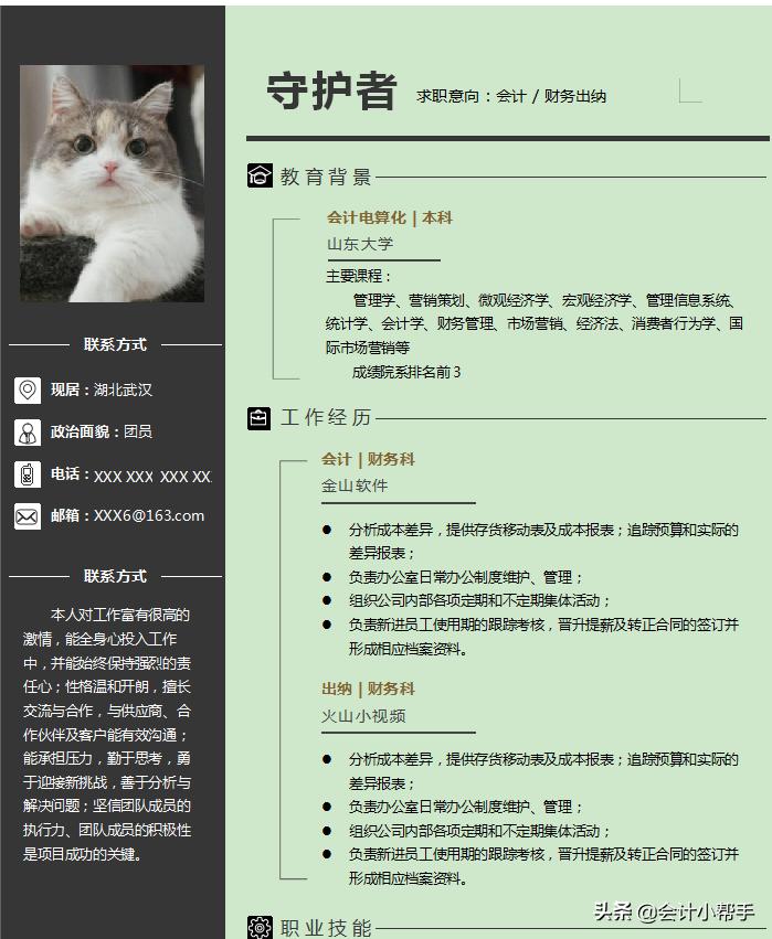 会计专业面试简历模板,新手小白求职会计简历模板