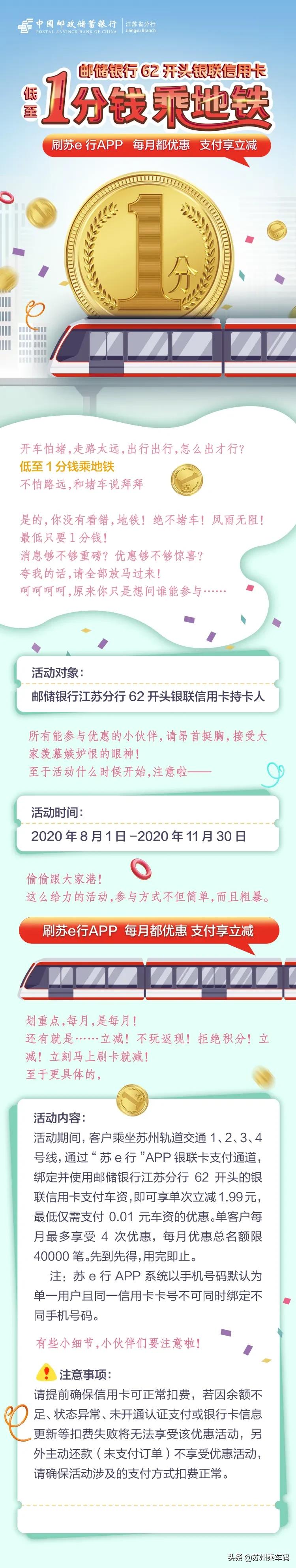 最低一分钱乘地铁！苏e行联合7家银行带来乘车福利