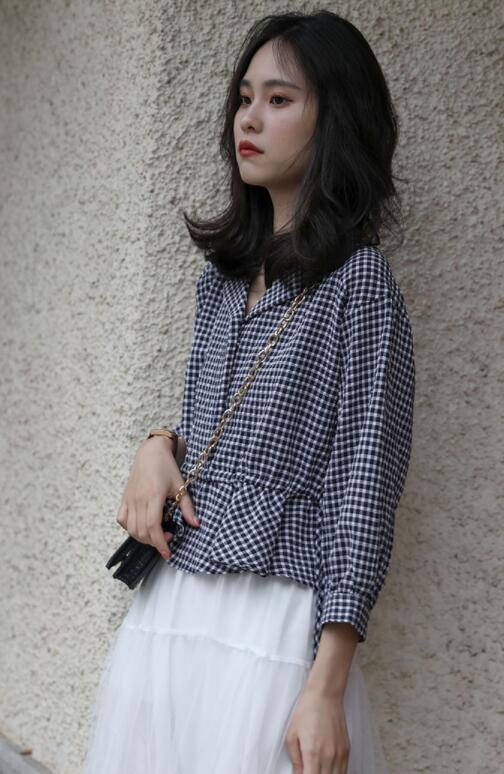 格子衬衫高级感修身,港风小众复古玫瑰花格子衬衫