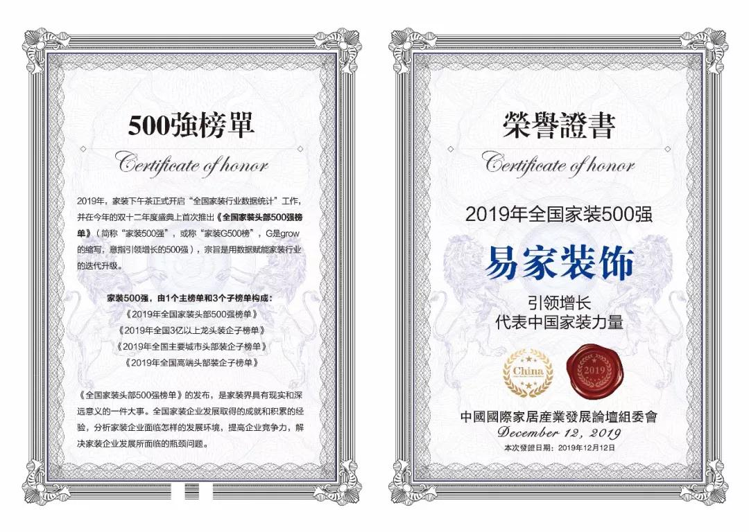 易家装饰20周年,荣耀入选中国企业500强