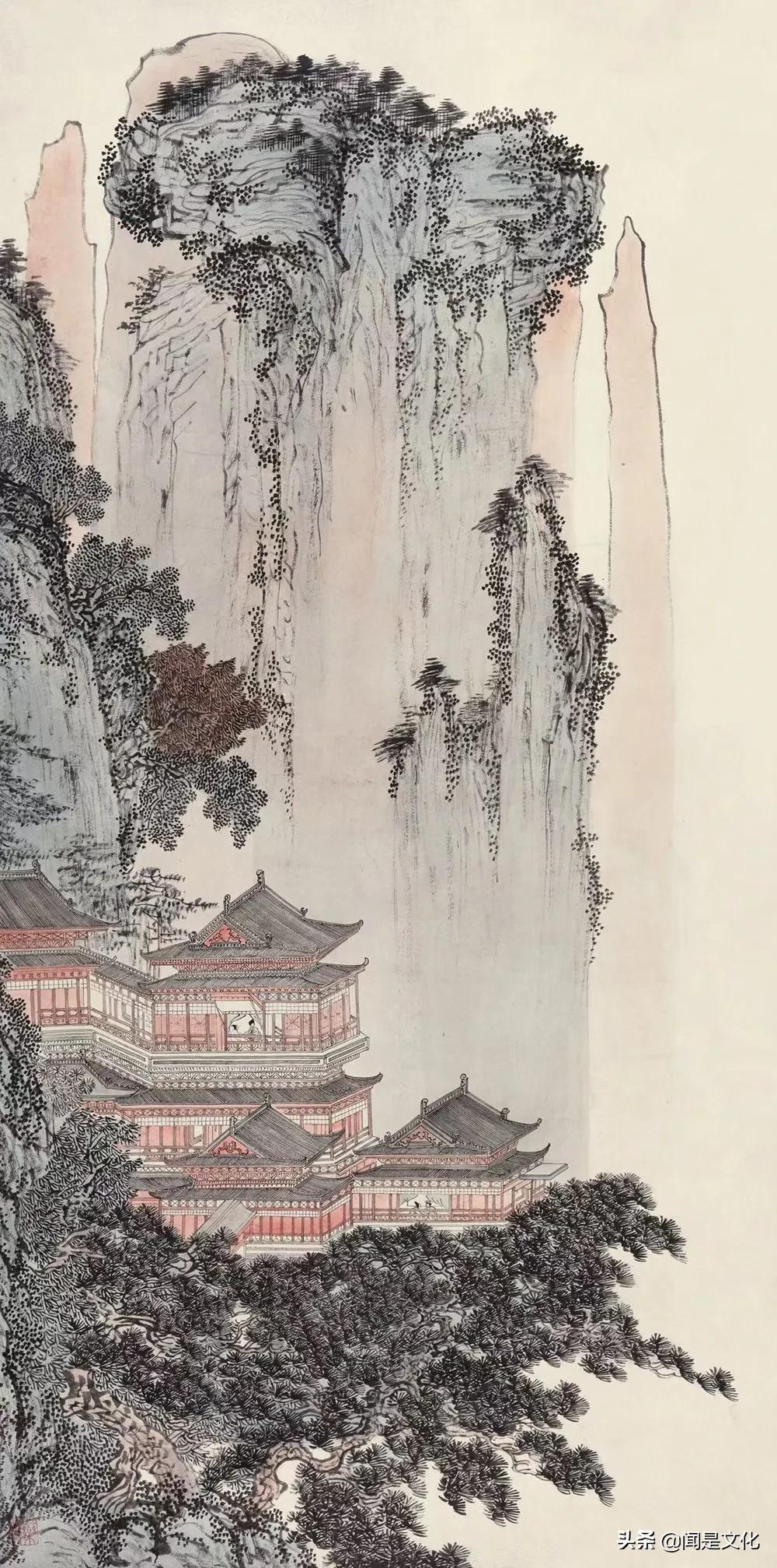 国画清供图作品欣赏,山松楼阁图国画