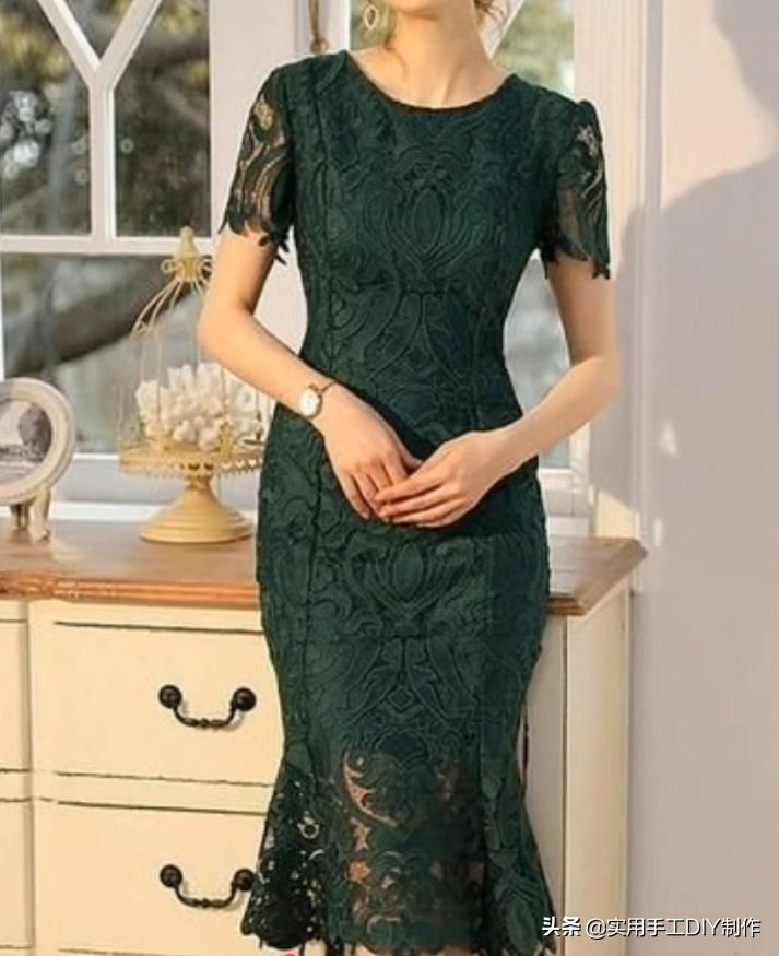 蕾丝镂空花连衣裙制作款式,钩花镂空蕾丝拼接连衣裙