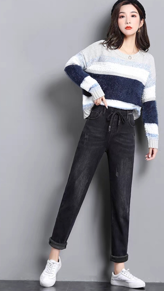 加绒牛仔保暖大码高腰显瘦,牛仔加绒打底衣外穿显瘦中长款