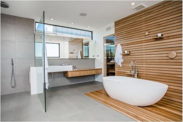 主卧卫生间半墙半玻璃隔断浴缸,卧室玻璃隔断浴缸