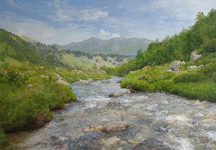 俄罗斯艺术家AydemirSaidov的人体绘画，花间的美丽少女