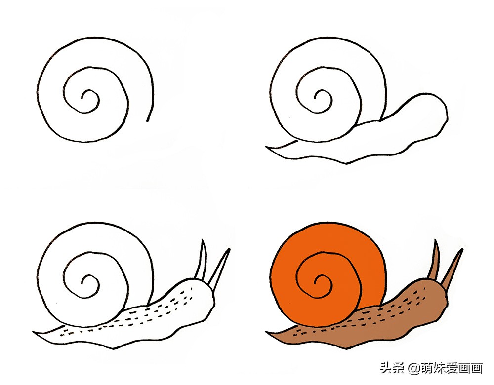 小蜗牛春夏秋冬四季创意画简笔画,蜗牛与鱼青蛙荷花创作一幅简笔画