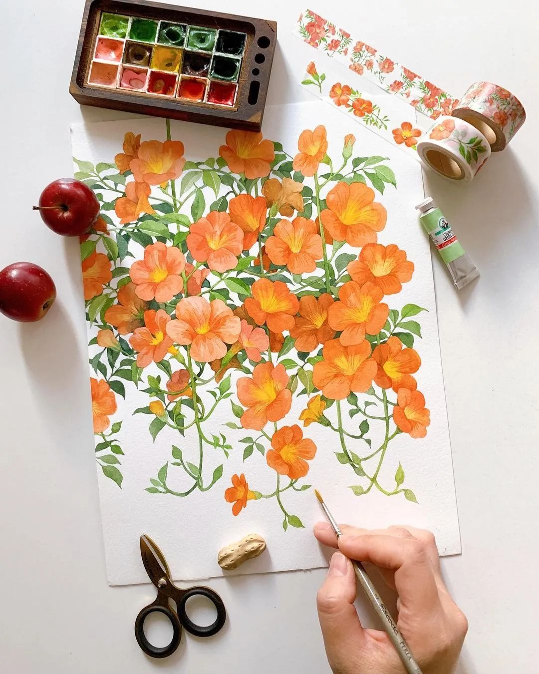 超美水彩画治愈,韩国女孩画画