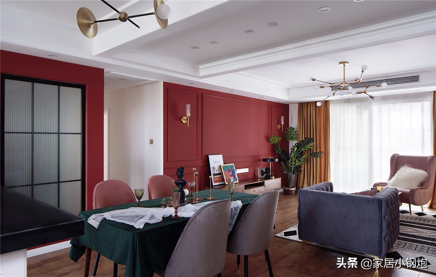 灰蓝背景墙效果图现代简约2021年,136平方现代风格大砖背景墙