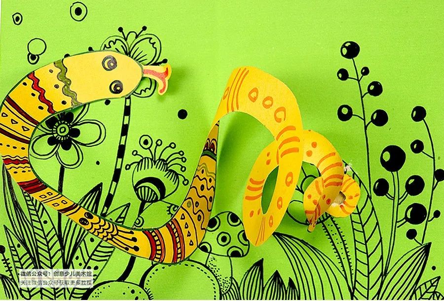 小朋友画线描画小花蛇,儿童画创意蛇