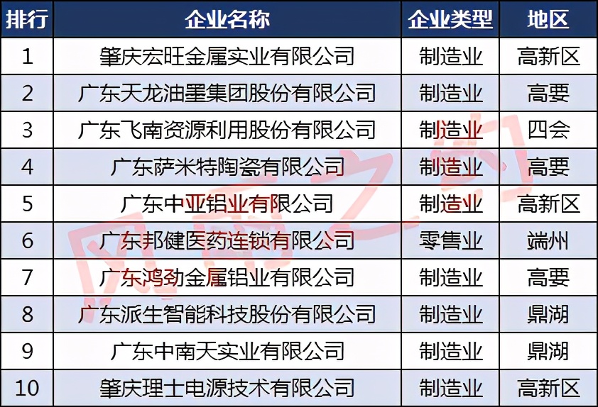 肇庆民营50强,肇庆市企业100强名单