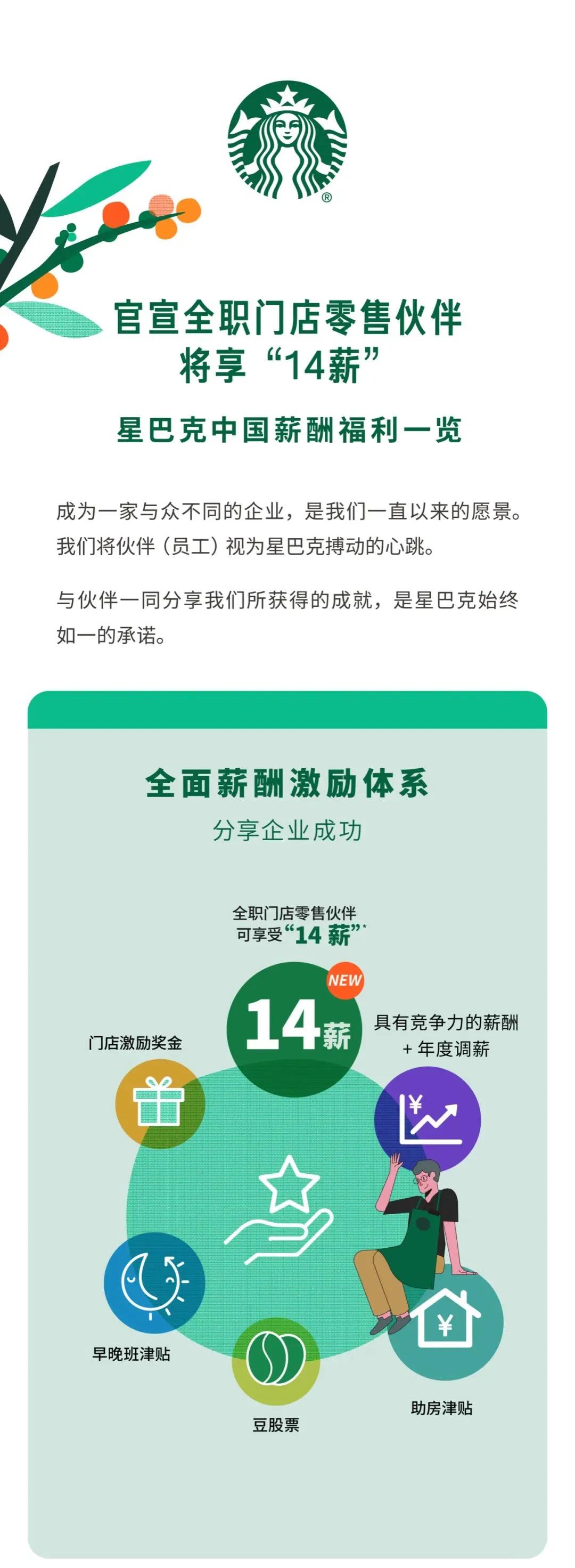 星巴克14薪还有年终奖吗,星巴克中国全职员工将享14薪