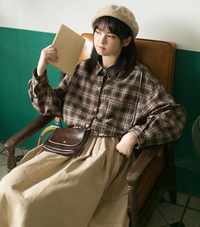 格子衬衫高级感修身,港风小众复古玫瑰花格子衬衫