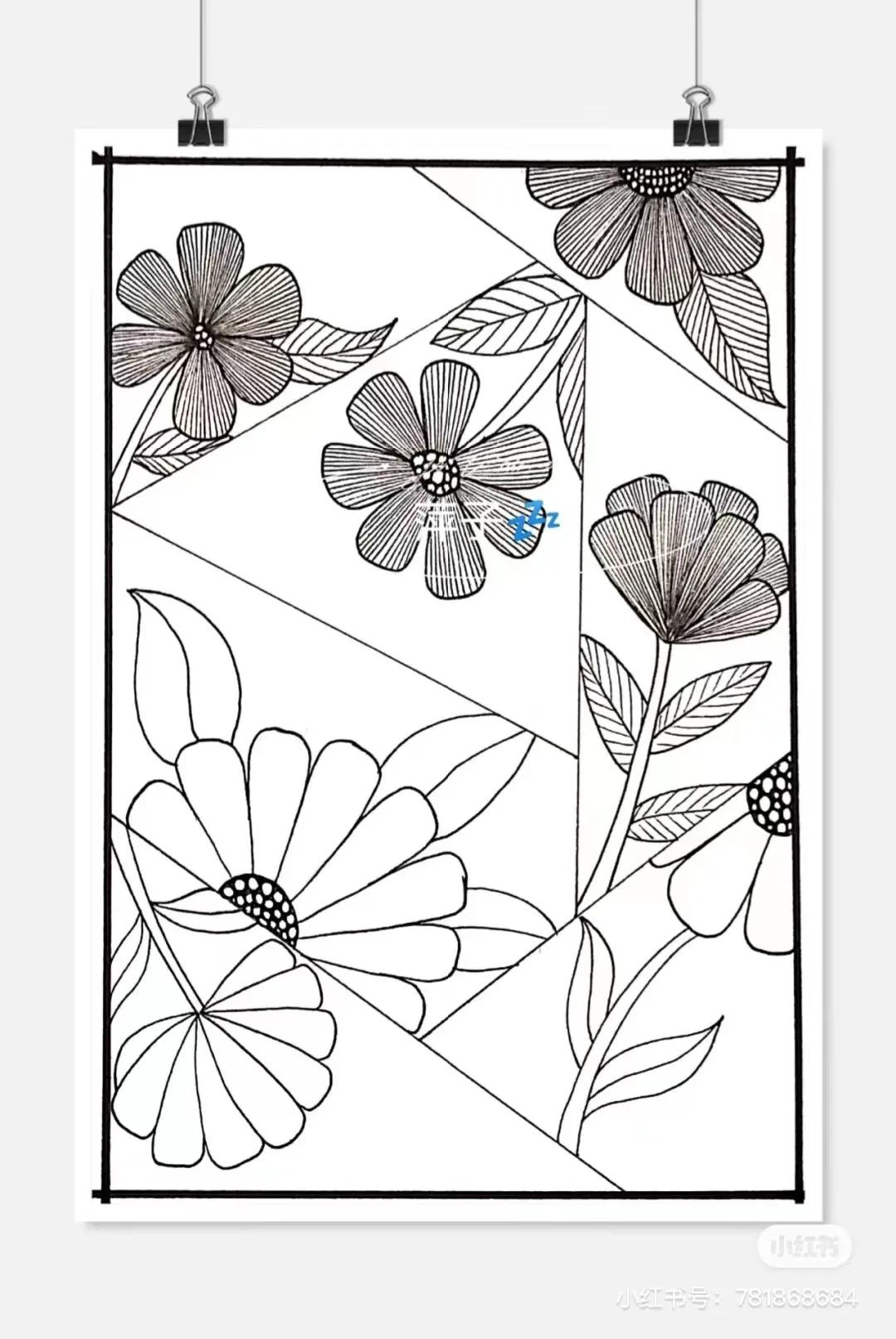 花卉简单线描创意画,花草线描画装饰