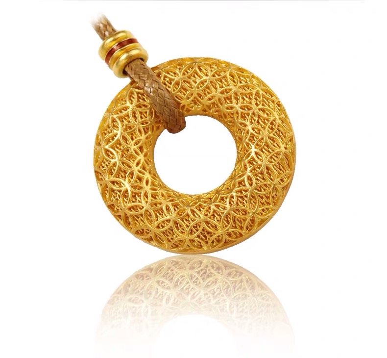 999足银手工花丝平安扣男女可戴,古法花丝编织黄金平安扣吊坠