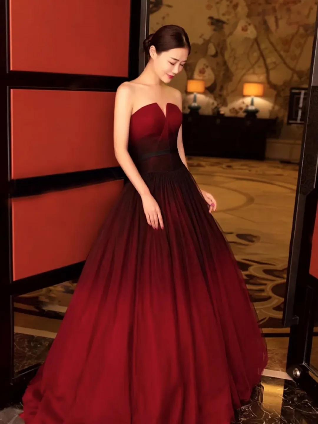 高个子新娘敬酒高档礼服秋季新款,适合小个子的敬酒礼服高级酒红色