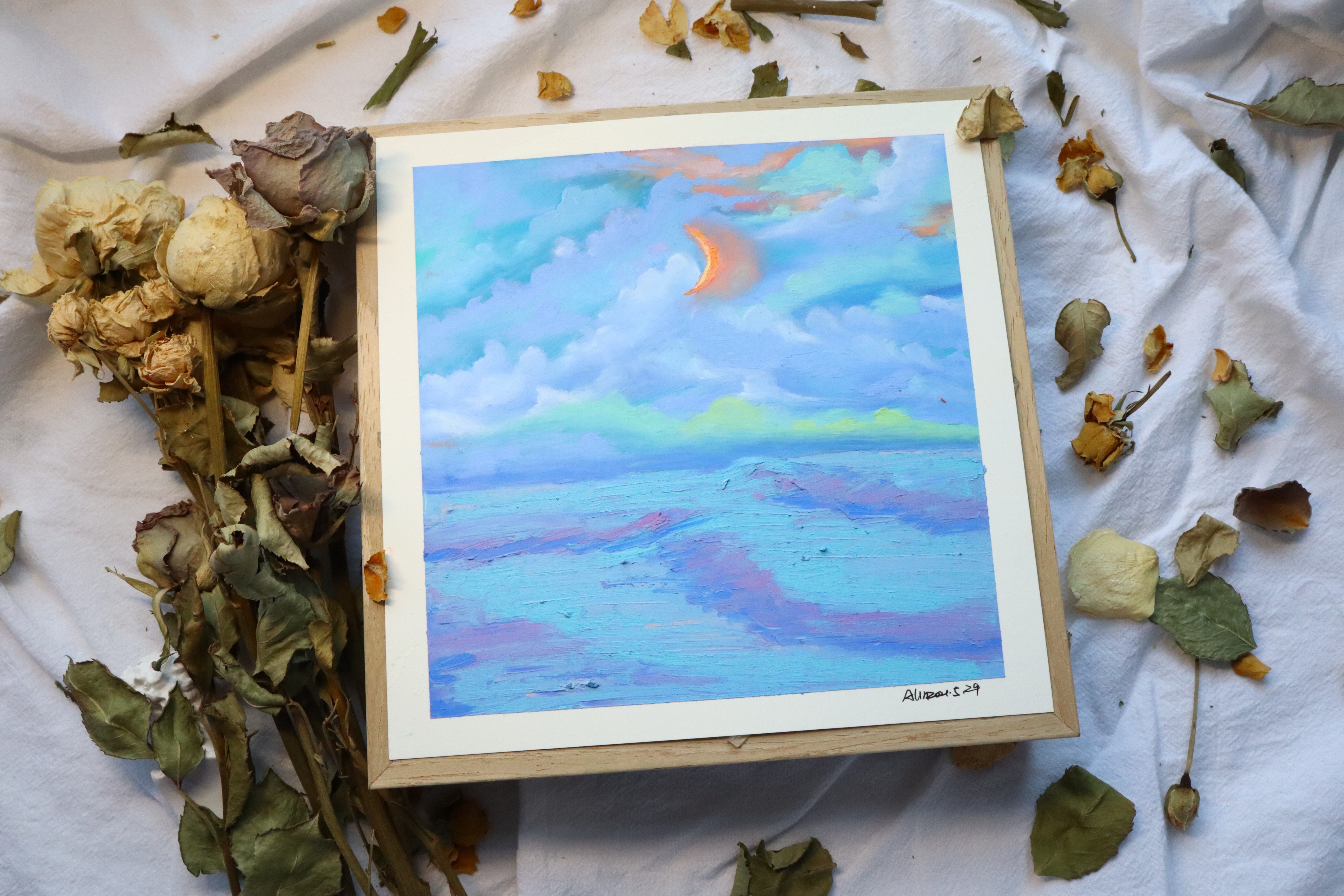 油画作品大海教程,落日大海油画棒作品简单