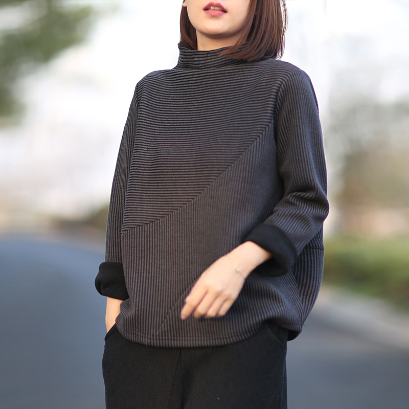 条纹宽松打底衫韩版慵懒风,韩版宽松大码中长款打底衫