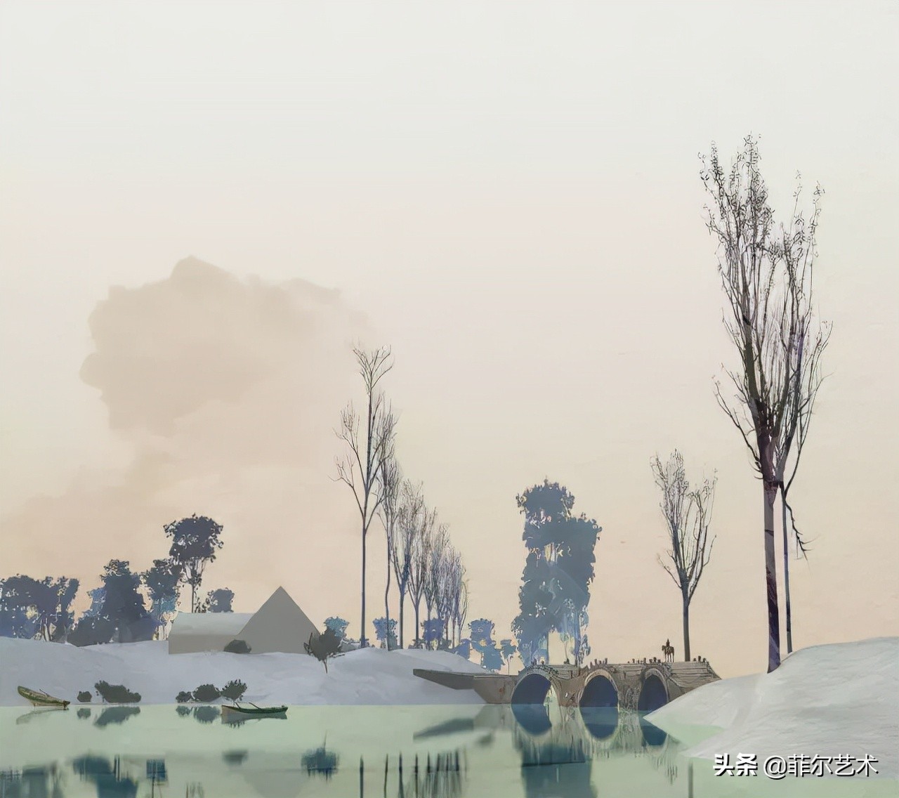 极简油画金色麦田和山,以红蓝为基调的风景油画