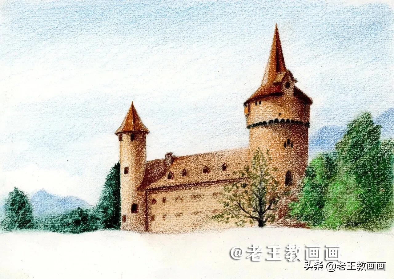 用彩铅画个梦幻城堡,用彩铅涂色城堡
