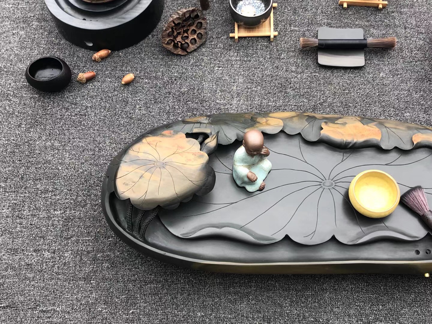 石头连体雕刻茶盘,工艺石头拼接摆件