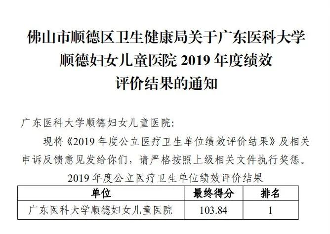 2019公立医院绩效评价结果出炉！顺德妇幼保健院排行顺德区第一名