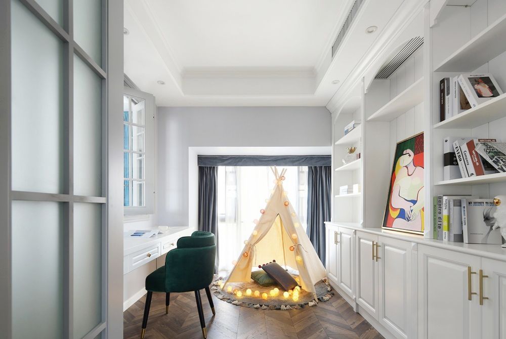 美式轻奢客厅和书房一体设计,美式轻奢风卧室书房一体效果图