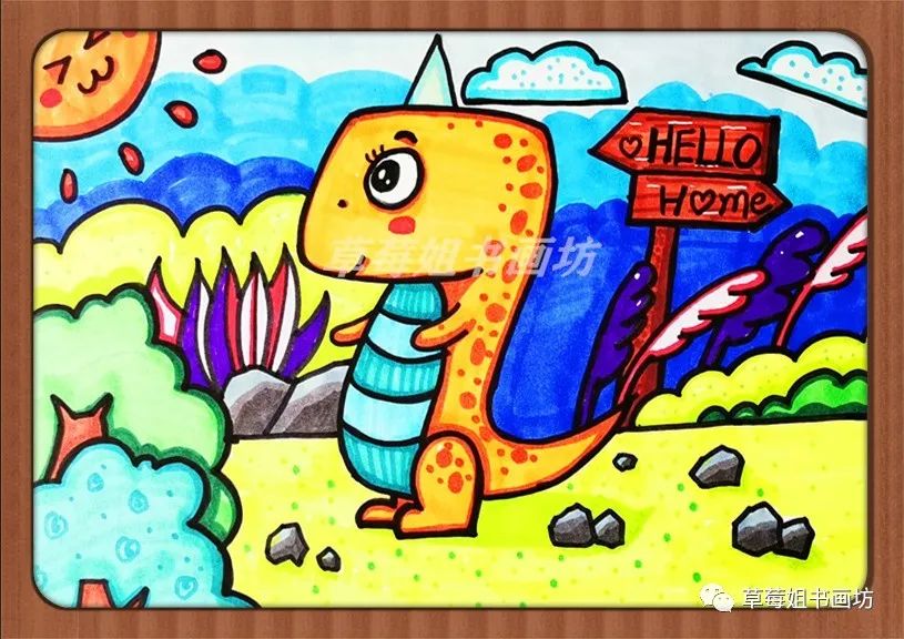 儿童马克笔画7岁恐龙,马克笔儿童画卡通人物绿色小恐龙