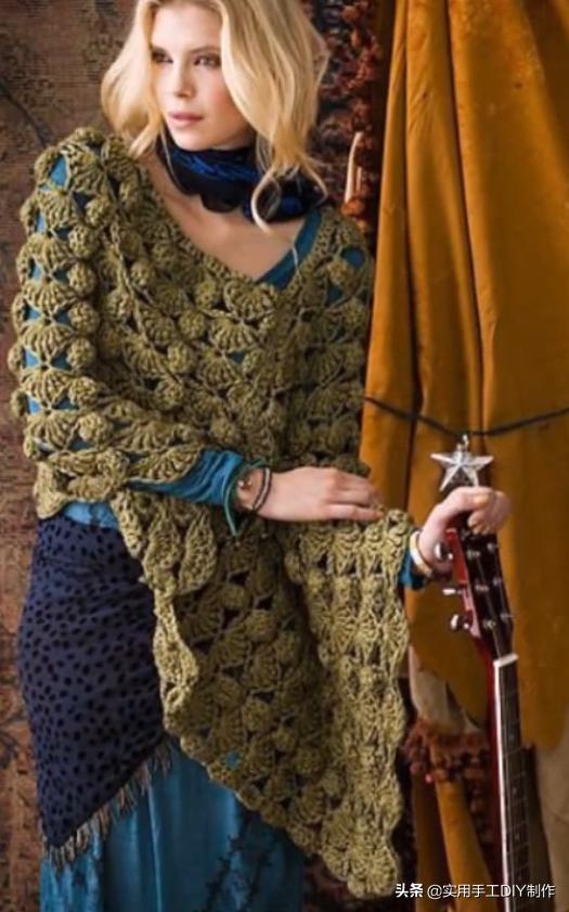 新款针织秋冬宽松披肩怎么织,针织中长款披肩