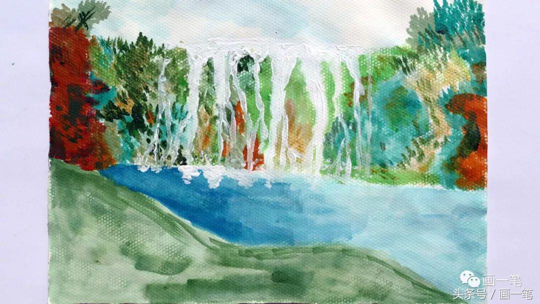 丙烯画山水画瀑布,石英砂丙烯画瀑布