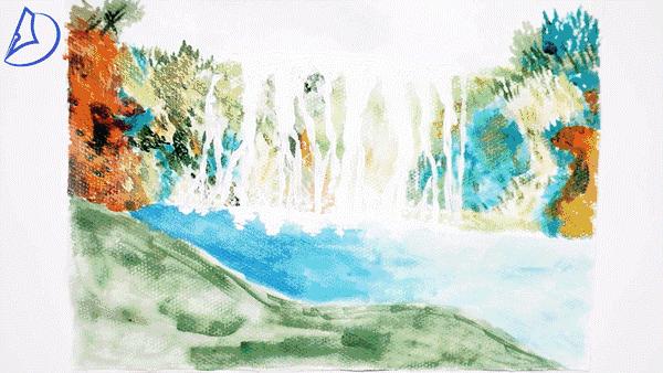 丙烯画山水画瀑布,石英砂丙烯画瀑布