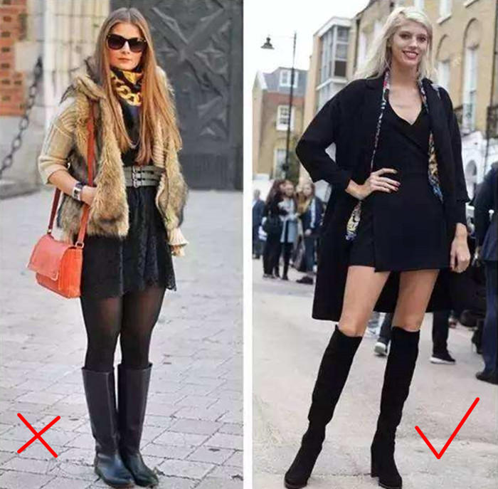 黑色长靴搭配黑色裤袜,黑色长靴和肉色裤袜