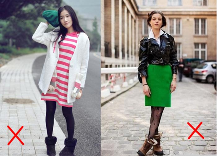 黑色长靴搭配黑色裤袜,黑色长靴和肉色裤袜